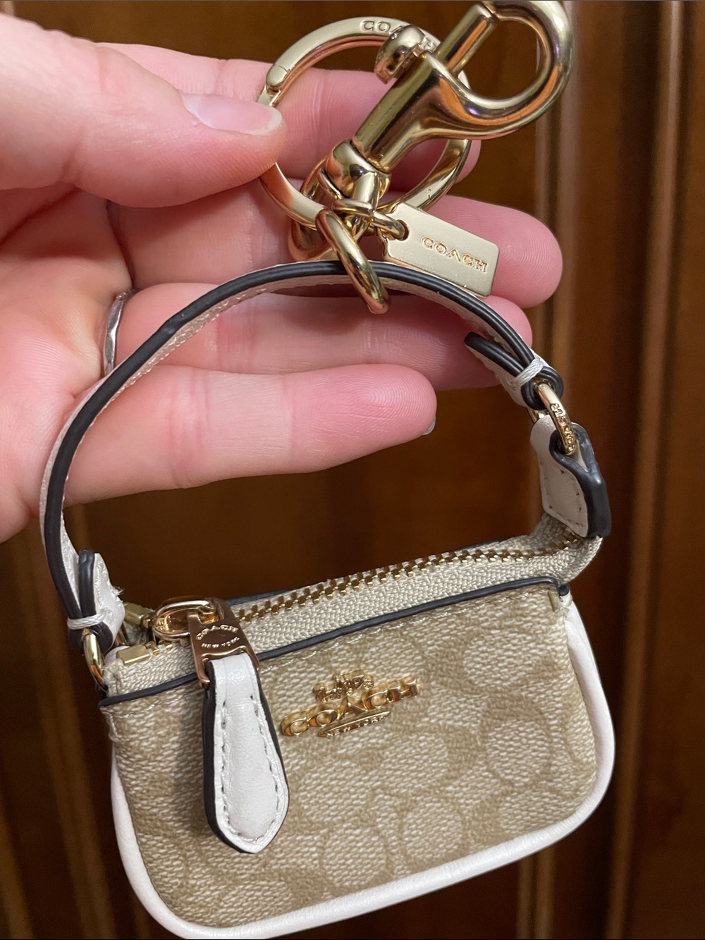 COACH Mini Nolita Bag Charm Key Chain  Chalk White Khaki Signature Canvas C4310